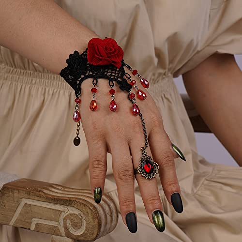 Kercisbeauty Flamenco Dance Red Rose Crystal Tassel Wristband Black Lace Bracelet for Women Gothic Vampire Hand Chain Jewelry (Style 3)3