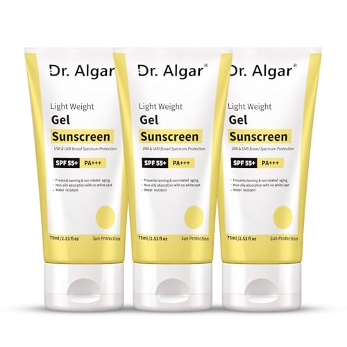 Image of Dr. Algar Professional Sunscreen Lotion SPF 55 PA+++ | Broad Spectrum UVA /UVB Sun Protection Cream for Indian Skin | Lightweight, Non-Greasy, Water-Resistant Sunblock | 75ml (Pack of 3)