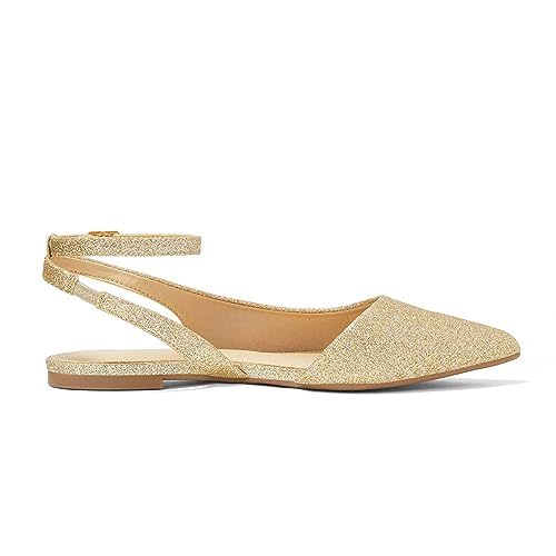 Arromic Women's Slingback Flats Shoes Pointed Toe Two-Way Wear Adjustable Ankle Strap Slip on Flat Shoes for Women Dressy Gold/Glitter4