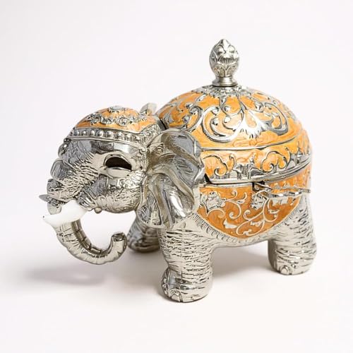 Image of Metal Elephant Shaped Decorative Storage Jar with Glass Bowl & Metal Spoon | Gold Finish and White Enamel Container for Dry Fruits, Mouth Freshener, Spices & Table Decor (Orange)