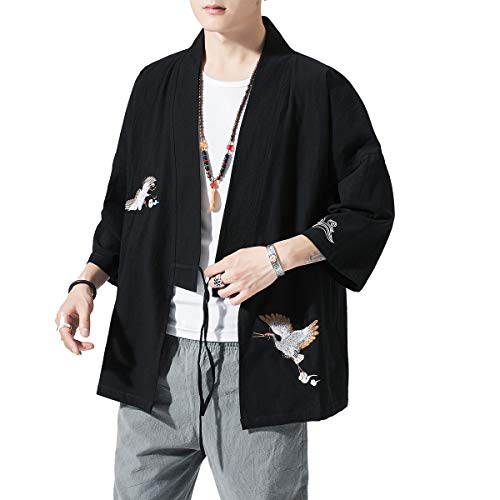 Image of PRIJOUHE Men's Kimono Jackets Cardigan Lightweight Casual Cotton Blends Linen Seven Sleeves Open Front Coat Outwear