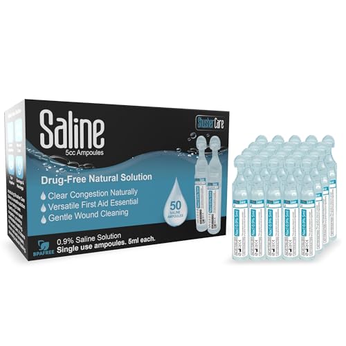 Image of Saline Ampoules - Saline Solution for Nebulizer, Sodium Chloride 0.9%, Nasal Cleanse for Babies, Kids, & Adults, Sterile Nasal Care, Wound Cleansing - 50 Count (5ml Each)