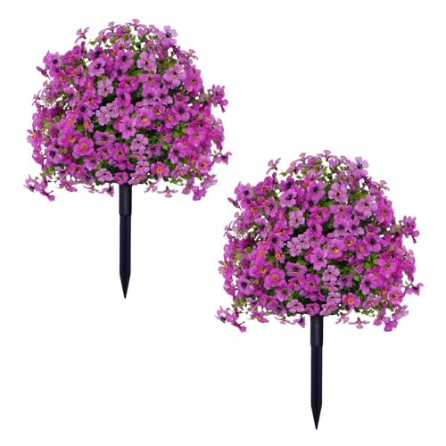 Artificial Violet Ball Topiary Trees with Ground Spikes, 2 Pack Fake Artificial Bushes Plants, Fade Resistant Faux Artificial Shrubs Tree for Indoor Outdoor Front Porch Decor 23in (D-2 Pcs)