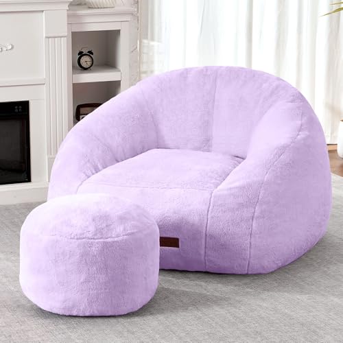 Image of HABUTWAY Bean Bag Chair, Giant Bean Bag Chairs for Adults with Ottoman, Comfy Faux Fur Shell-Shaped Bean Bag Couch, Sofa Chair for Living Room, Bedroom, Purple