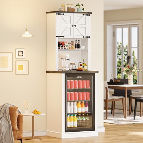 Image of 73'' Tall Mini Fridge Cabinet with Storage Hutch, Farmhouse Coffee Bar with Mini Fridge Space, Wine Bar Cabinet for Kitchen, Dining Room, Living Room