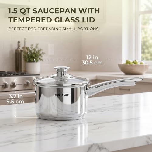 Image of SUNHOUSE 1.5 QT Stainless Steel Sauce Pan with Lid, Small Pot for Cooking | PFOA-Free Uncoated Milk Pan & Butter Warmer, Mini Saucepan with Impact Bonding Base for Induction, Gas, Electric