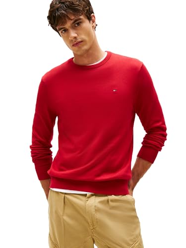 Tommy Hilfiger Herren-Pullover aus Baumwolle, einfarbig, Rundhalsausschnitt, leicht, auch erhältlich in Big & Tall, Mittelrot, XX-Large – Ansicht 1