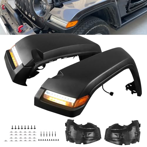 PARTREE Front Fender Flares w/Lights Compatible with Jeep Wrangler JL JLU/Rubicon 2/4-Door 2018-2024 High Top Flares 4PCS Unpainted Paintable