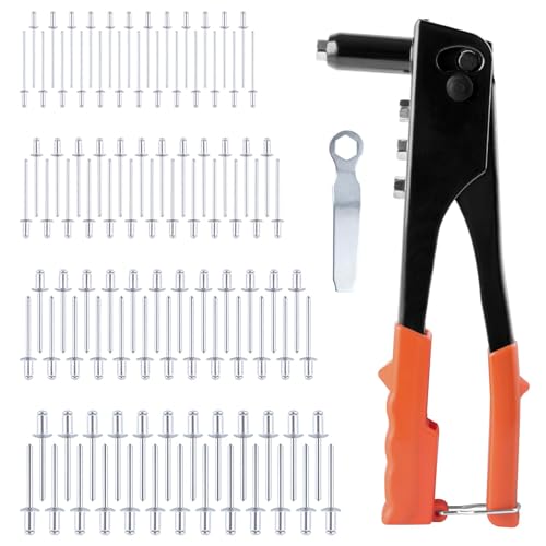GOLD DEER 4-in-1 Heavy Duty Hand Riveter Rivet Gun Pop Rivet Tool Kit with 100 Rivets 3/32-inch, 1/8-inch, 5/32-inch, 3/16-inch,4 Interchangeable Nosepieces for Metal,Plastic,Wood and Leather