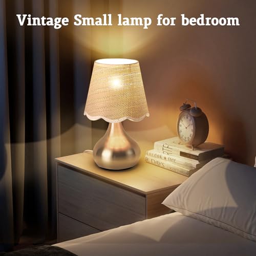 Small Table Lamp - Brass Gold Mini Table Lamps for Bedroom Vintage Decor Bedside Lamps for Night Stands Scalloped Rattan Shade Desk Lamp for Kids Room, Living Room, College Dorm, Home, Kitchen - Image 5