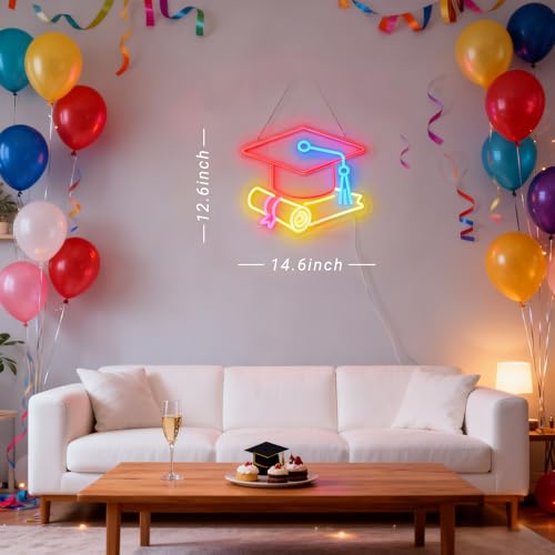 Image of Congrats Grad Neon Sign with Cap & Diploma - 3-Color Red Yellow Ice Blue Graduation Decorations 2026, 10-Level Dimmable LED Wall Light, USB Powered Gift for Graduate, 14.5 inchx12.6 inch