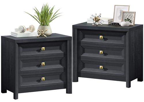 Black Night Stand Set of 2, Farmhouse Nightstand with 3 Drawers, 24.8” Tall Nightstand with Gold Knobs, Wood Bedside Table for Bedroom, Modern End Table for Living Room Office