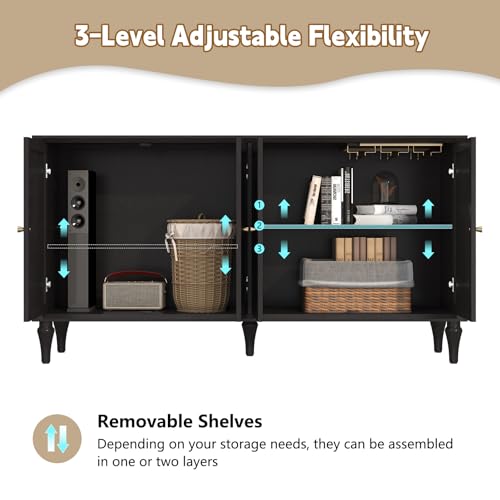 ARTPOWER 58\'\' Mid-Century Modern Buffet Storage Cabinet with 4 Doors and Adjustable Shelves, Accent Style Sideboard for Entryway, Dining Room, Living Room, Espresso Brown