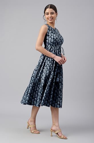 Image of Janasya Women's Cotton Floral Block Print Tiered Western Dress