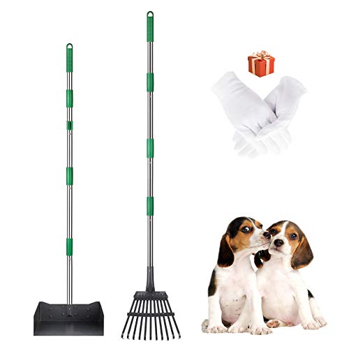 IPARTS EXPERT Pooper Scooper para perros, eliminación de residuos de mascotas, bandeja de metal ajustable y juego de rastrillo para hojas de césped y grava (guantes incluidos) Cover
