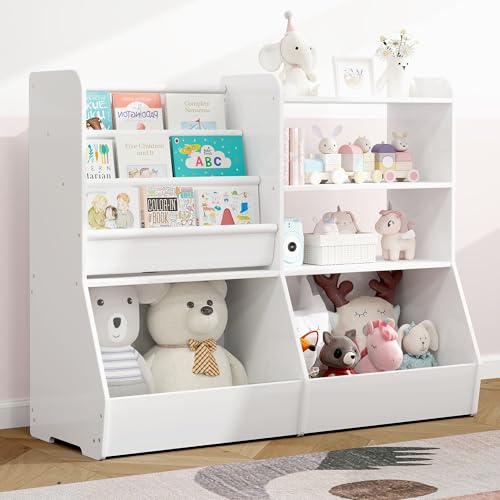 Image of MallBest 4 Tier Kids Wooden Bookshelf and Toy Storage, 3 Layer Sling Toddler Bookcase, Toy Organizer Cabinet for Children Book Display,Playroom Nursery Classroom Kid Room (White)