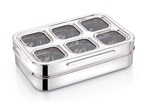 Image of Expresso 6 Square Stainless Steel Spice Box With 6 Containers - See-Through Glass Lid Masala Dani /Dry Fruit Box for Kitchen - Silver