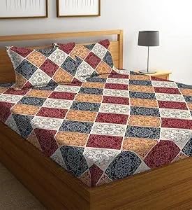 Image of Glace Cotton Flat Double Bedsheets with 2 Pillow Covers | Double Bed Breathable | Wrinklefree | Summer | Soft 200tc Supersoft | 90 x 90 inches, Maroon White