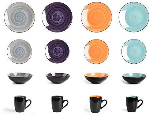 Stoneware-Sonoma-16pc-Dinnerware-Set-Black-Speckled-Spin-Wash-Mix-Colors-Grey-Orange-Purple-Turquoise