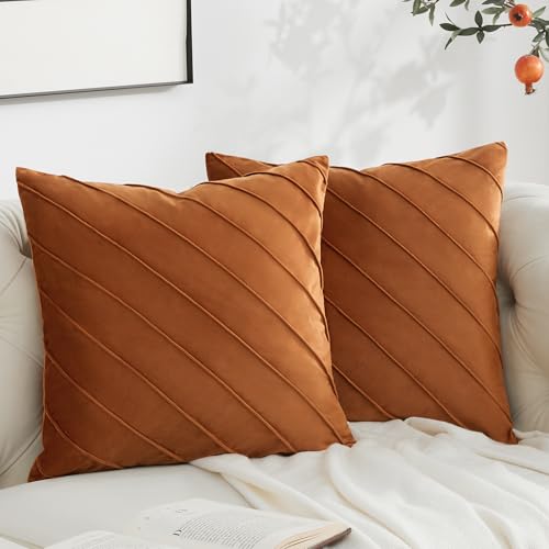 Image of GIGIZAZA Decorative Velvet Pillow Covers 16x16, Set of 2 Burnt Orange Sofa Couch Throw Pillows Covers Cases, Living Room Square Cushion Accent Stripe Covers