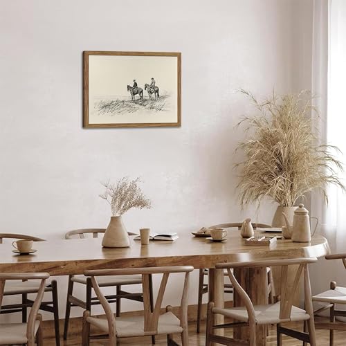 Image of Framed Western Wall Art, Cowboys on Horses Sketch Picture Print, Western Wall Decor, Vintage Country Farmhouse Western Cowboys Canvas for Living Room Bedroom Home 16x24 inch