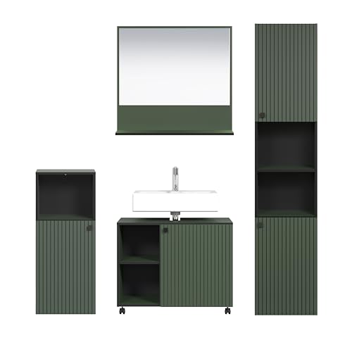 trendteam smart living - PureBliss - Badezimmer Komplettset (WBU + Spiegel 60cm + Standschrank + Hochschrank) - Grün - Rillenoptik - Aufbaumaß (BxHxT) 180 x 186 x 42 cm - Metallgriffe
