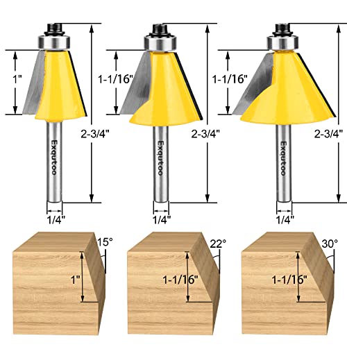 Image of Exqutoo 3-Piece 1 /4 inch ShankChamfer Cutter Set, Cutting Angles: 15 22.5 | 30 Degrees, 1 inch Cutting Length Includes 3 Pack.