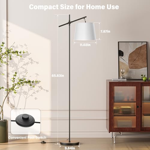 Image of SIBRILLE Floor Lamp with Linen Shade, Dimmable Tall Standing Lamp with Remote Control & 3 Color Temperatures Bulb, Modern Swing Arm Floor Lamps for Living Room Bedroom Office Corner