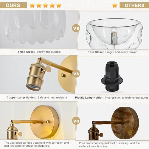 Image of Wall Sconces Set of Two Hardwired, Vintage Sconce Light with Tulip Milk White Glass Lampshade, Bathroom Wall Lights with Switch, Gold Wall Light Sconces Wall Decor Set of 2