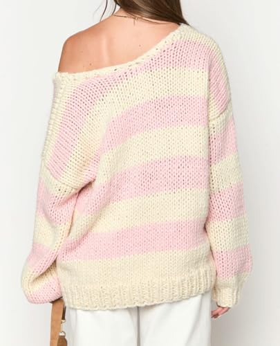 Image of Women Striped Chunky Knit Sweater Drop Shoulder Long Sleeve V-Neck Oversized Sweater Pullover Loose Knit Jumper Top