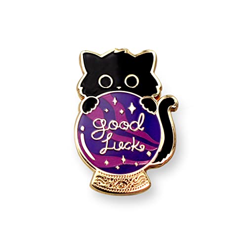 Broche chat en émail noir et sa boule de cristal, un accessoire en métal pour customiser un sac