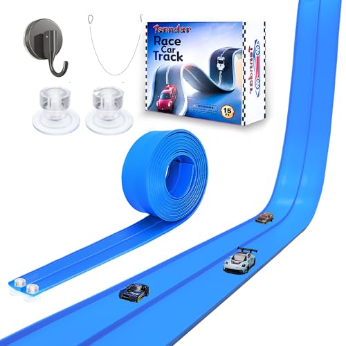 Tenndar Flex Track 15 Ft Starter Set – Flexible Race Car Ramp Track for Kids, Double-Sided Racetrack for 1:64 Diecast Cars, Compatible with Hot Wheels, Ages 3 & Up with Suction Cups，Blue