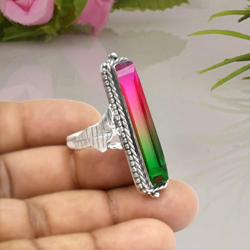 Miniatura 5 de Watermelon Tourmaline Gemstone Ring 925 Sterling Silver Multicolor Stone Ring Handmade Long Rectangle Bar Ring For Women Elegant Tourmaline Jewelry
