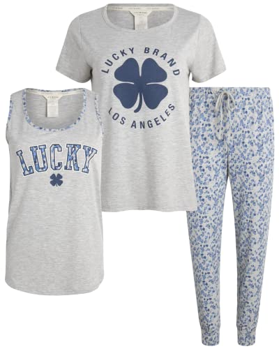 Lucky Brand Women's Pajamas - 3 Piece Hacci Sleepwear Tank Top, T-Shirt, And Joggers (Size: S-Xl), Size Medium, Heather Grey #TOP21