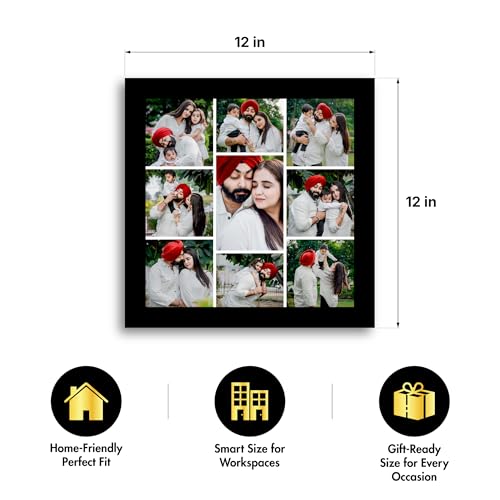 Image of Mad Masters Customized Photo Frame | 9 Photo Collage Wooden Frame, 12 x 12 inches | Personalized Wall Frame for Couple, Family, Kids | Home Decor & Gift (Black, Textured)
