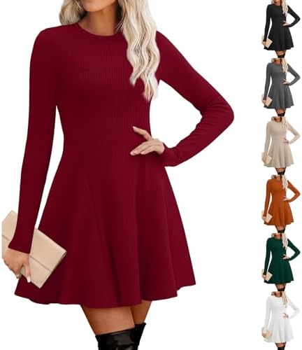 Long Sleeve Dress for Women Ribbed Knit Crewneck Short Dresses Slim Fit A Line Flowy Oversized Soft Sweater Swing Dress