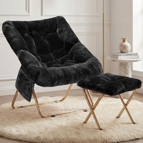 Osumlee Comfy Saucer Chair for Adults, Foldable Living Room Chairs, Soft Faux Fur Lounge Chair for Bedroom, Reading Chairs, X-Large (Ottoman-Black)