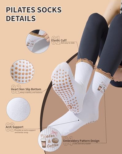 Image of Yawlsow Cute Pilates Grip Socks for Women Ruffle Frilly Yoga Socks Non Slip Cotton Crew Grippy Sock for Barre Workout