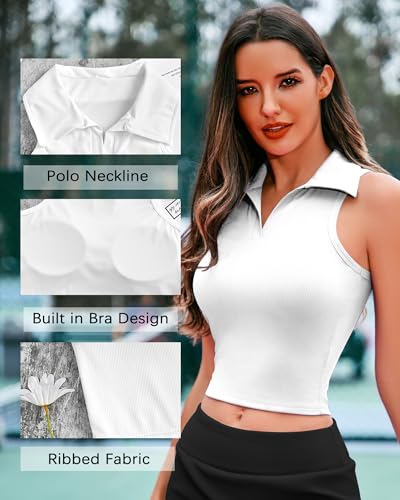 HyMeYou Women Workout Crop Top Built in Bra Ribbed Athletic Tank Tops Casual Sleeveless Collar Shirts Padded Sports Yoga Vest3