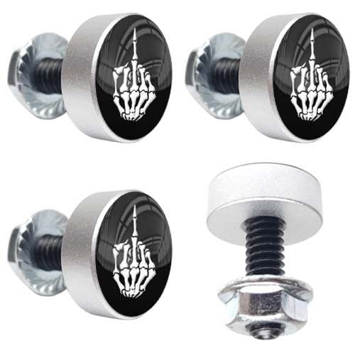 4 Silver Motorcycle Skeleton FU License Plate Frame Fasteners Tag Bolt Screws Style-9856-5328
