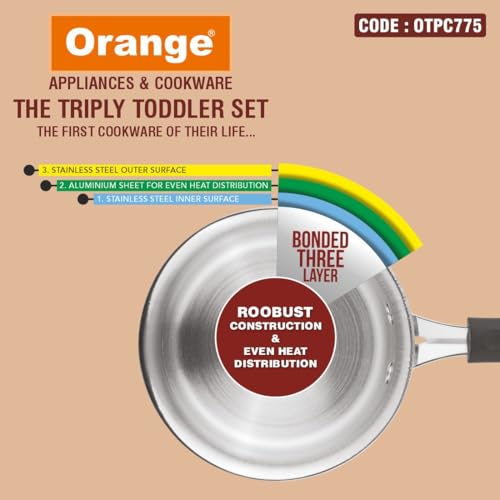 Image of ORANGE Triply Toddler Cookware Set /Gift Set (3 Pc) - Kadai, Fry Pan & Sauce Pan | 2.5mm Thick, Gas Stove Compatible | Heavy Bottom, Cool Touch Handle | Ideal for Baby Food | 5 Year Warranty