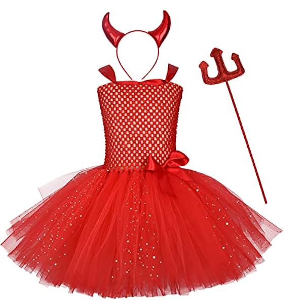 IBTOM CASTLE 3 stuks meisjes duivelshoorn Cruella Deville kostuum engelenvleugels accessoires jurk gebreide pailletten tule strik tutu carnaval Halloween Kerstmis carnaval cosplay party set