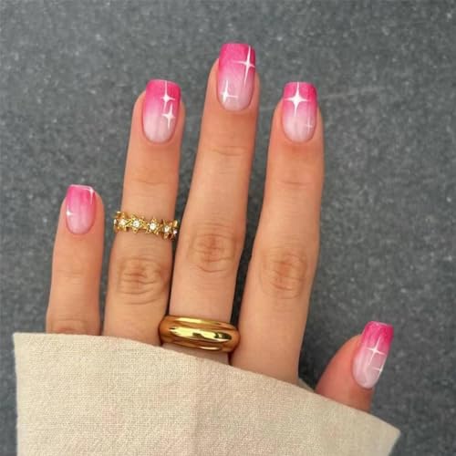 Red Pink Gradient Press on Nails Medium Square Fake Nails with Designs Star Stick on Nails Glossy Ombre False Nails Gel Pink Glue on Nails Short Acrylic Nails for Coquette Women Girls Manicure 24Pcs