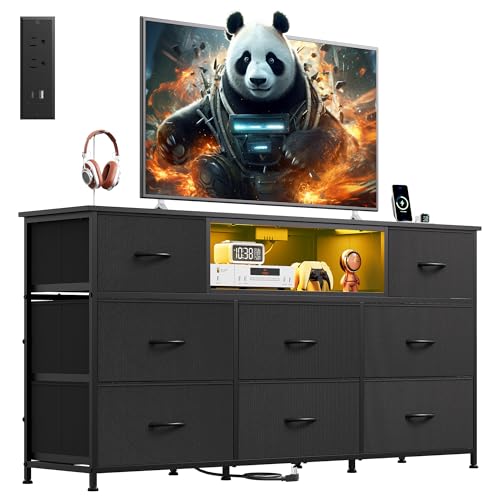 WLIVE Black Dresser TV Stand for 50, 55, 65 inch TV, Entertainment Center with LED Lights & Charging Station, Chest of Drawers with 8 Fabric Drawers and Open Shelves for Living Room, Hallway, Wood Top
