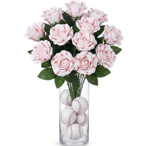 Suhine 12 Pcs Artificial Baseball Rose Flowers Sports Party Favors Bulk for Birthday Graduation Wedding Party Decorations Table Centerpieces Game Prizes Senior Night Gifts (Baseball Color Large)