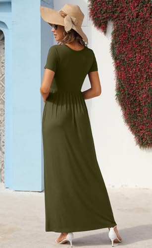 Image of GRECERELLE Womens Summer Long Maxi Dresses 2026 Short Sleeve V Neck Casual Button Dress with Pockets
