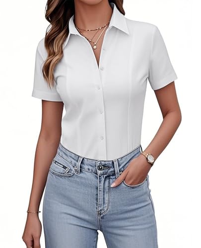 siliteelon Women's Button Down Shirts Slim fit Short Sleeve Stretch Dress Shirts Wrinkle-Free Solid Work Blouse