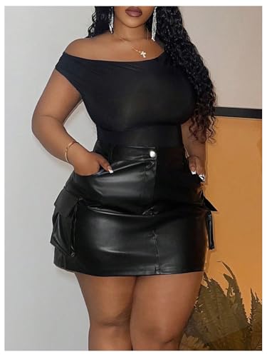 WDIRARA Women's Plus Size PU Leather Mini Skirt High Waisted Flap Pocket Cargo Skirt3
