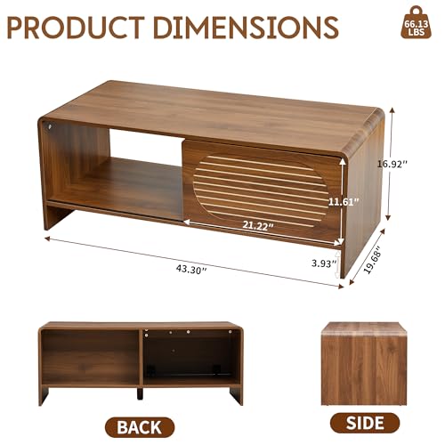 Image of 43.3 inch Mid Century Modern Coffee Table with Storage, Curved Profile Wood Coffee Table with Sliding Arched Door, Farmhouse Center Table Rectangle Coffee Table for Living Room, Office, Walnut