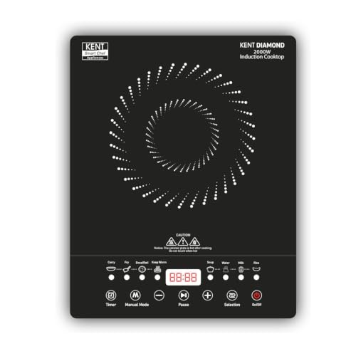 Image of KENT Diamond Induction Cooktop 2000W|8 Preset Menu|Full Microcrystalline Glass|Feather Touch Buttons & Led Display|Milk Boiling & Keep Warm Function|Overheat Protection & Auto Turn-Off, Radiant,Black